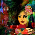 Stylized woman face on a colored tropical background,wine menu