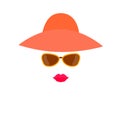 Stylized woman face from design elements - hat, sunglasses and lips.