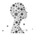 Stylized woman head, snowflakes. Winter season.