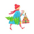 Stylized woman in a red hat and red scarf in a blue coat hurries with a Christmas tree and Christmas gifts in motion.