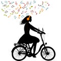 Stylized woman riding a bicycle and listening to music