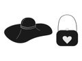 Stylized women Wide-brimmed hat and handbag with heart in trendy black and gray shades. Isolate. EPS