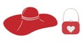 Stylized women Wide-brimmed hat and handbag with painted heart in trendy red hues. Isolate. Sticker