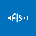 Stylized word in shape of fish isolated on blue. Seafood restraurant logo. Web icon, symbol. Vector Illustration, EPS10.