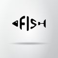 Stylized word in shape of fish isolated on gray. Seafood restraurant logo. Web icon, symbol. Vector Illustration, EPS10.