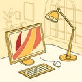 Stylized Workspace Illustration with Computer, Lamp, and Desk Accessories Royalty Free Stock Photo