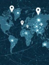 Stylized world map depicting location pins with connecting lines in abstract flat design, representing global