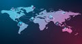 A stylized world map features digital icons connected through lines, representing