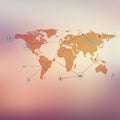 A stylized world map with interconnected icons overlaying continents. The map