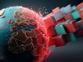 A stylized world map with red and orange debris, symbolizing disruption and rapid global events - AI-Generated