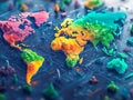 A stylized world map, resembling a colorful circuit board, symbolizing global connectivity and technology The continents