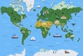 Stylized world map with tourist attraction symbols. Simple geographical map. Flat vector illustration