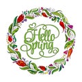 Stylized wreath with doodle flowers. Round floral frame for your text. Hello spring card template. Royalty Free Stock Photo