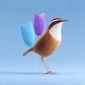 Stylized wren with striped pattern and paper tulips, geometric composition on light blue background Royalty Free Stock Photo