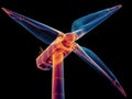 Stylized X-ray wind turbine against dark backdrop, angled blades with organic featherleaf patterns in warm-cool tones, slightly Royalty Free Stock Photo