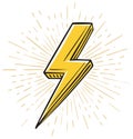Stylized Yellow Lightning Bolt with Rays Illustration on White Background Royalty Free Stock Photo