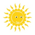 Stylized yellow summer sun funny character with happy face. Sun icon with different shapes of rays. Simple Vector isolated on Royalty Free Stock Photo