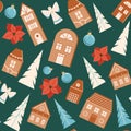 Styllish seamless pattern from Scandinavian toy houses, Christmas ball ana tree. Winter vector cozy decor. Colourful