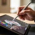 The stylus and tablet combination suggests a modern digital art setup Royalty Free Stock Photo