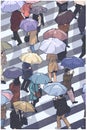 Illustration of city people crossing zebra in snow with umbrellas from high angle view in color