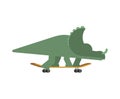 Styracosaurus on skateboard. Dino Skateboarder. Prehistoric lizard monster riding longboard