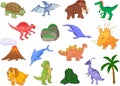 Styracosaurus, spinosaurus, ichthyosaur, tyrannosaur, pterodactyl, triceratops, pliosaur, stegosaurus, mammoth, volcano and palm
