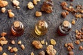 Styrax benzoin, frankincense and myrrh essential oil with benzoin, frankincense and myrrh resin Royalty Free Stock Photo
