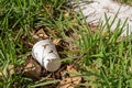 Styrofoam cup rubbish in some grass , close up, bottom left