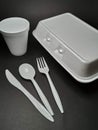 Styrofoam food container plastic utensils and cup all disposable Royalty Free Stock Photo