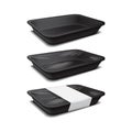 Styrofoam food storage. Black food plastic tray, dark foam meal container, empty box set for food vector illustration Royalty Free Stock Photo