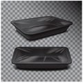 Styrofoam food storage. Black food plastic tray, dark foam meal container on transparent background