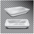 Styrofoam food storage. White food plastic tray, dark foam meal container on transparent background