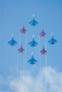 SU-27 and MIG-29 fighters performing aerobatics Royalty Free Stock Photo