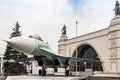Su-27 combat fighter and the Cosmos pavilion at the VDNKh exhibi