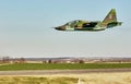 Su25 frogfoot attack aircraft close up in the sky with clouds