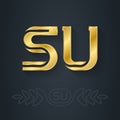 SU - Metallic 3d icon or logotype template. S and U initial golden logo. Gold Design element with lineart option. Vector. Soviet