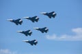 The SU30-SM team demonstrates aerobatics on a 4+ generation fighter Royalty Free Stock Photo