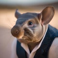 A suave armadillo in a tailored vest, posing for a portrait in a desert landscape3