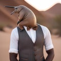 A suave armadillo in a tailored vest, posing for a portrait in a desert landscape1