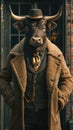 Suave bull roams the city streets in tailored elegance, epitomizing street style