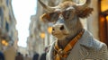 Suave bull roams the city streets in tailored elegance, epitomizing street style