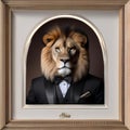 A suave lion in a tailored suit, posing for a portrait with a regal and commanding presence2