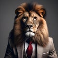 A suave lion in a tailored suit, posing for a portrait with a regal and commanding presence1