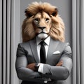 A suave lion in a tailored suit, posing for a portrait with a regal and commanding presence3