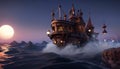 sub boat on the water, submarine at night steampunk ai created Royalty Free Stock Photo