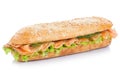 Sub sandwich whole grains baguette with smoked salmon fish isolated on white Royalty Free Stock Photo