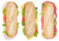 Sub sandwiches whole grains grain baguettes with ham salami cheese from above isolated on white Royalty Free Stock Photo