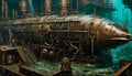 sub submarine, steam punk, steampunk underwater ai created