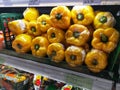 SUBANG JAYA,MALAYSIA-23 NOVEMBER 2022 : Yellow a bell peppers display for sell in the supermarket