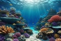 Subaquatic Canvas: Underwater Landscape Showcasing Clay-Textured Coral Reefs in a 3D Background Design, a Myriad of Sea Wonders